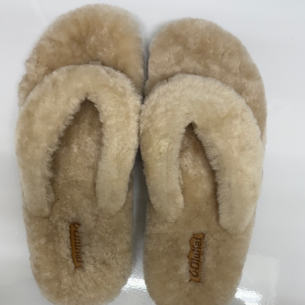 OluKai Tan Furry Slippers